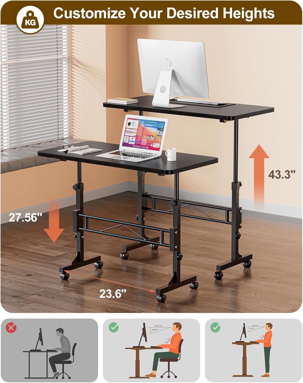 Small Standing Desk Adjustable Height, Mobile Stand Up Desk with Wheels, 32 Inch Portable Rolling Desks for Walking Pad Treadmill Black