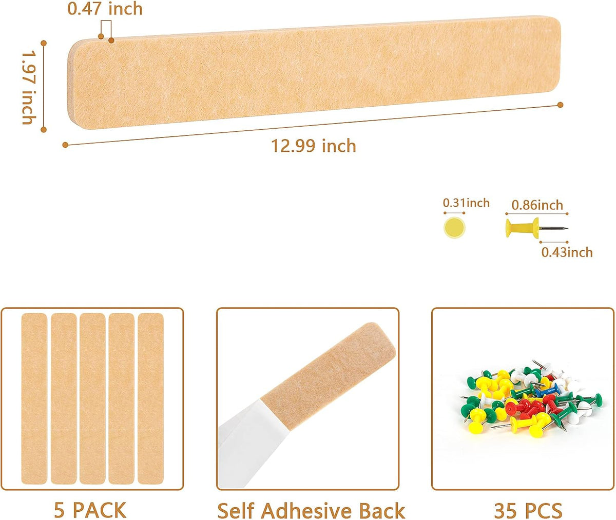 5 Pack Felt Pin Board Bar Strips Bulletin Board for Bedrooms Offices Home Wall Decoration, Notice Board Self Adhesive Cork Board with 35 Push Pins for Paste Notes, Photos, Schedules (Peach)