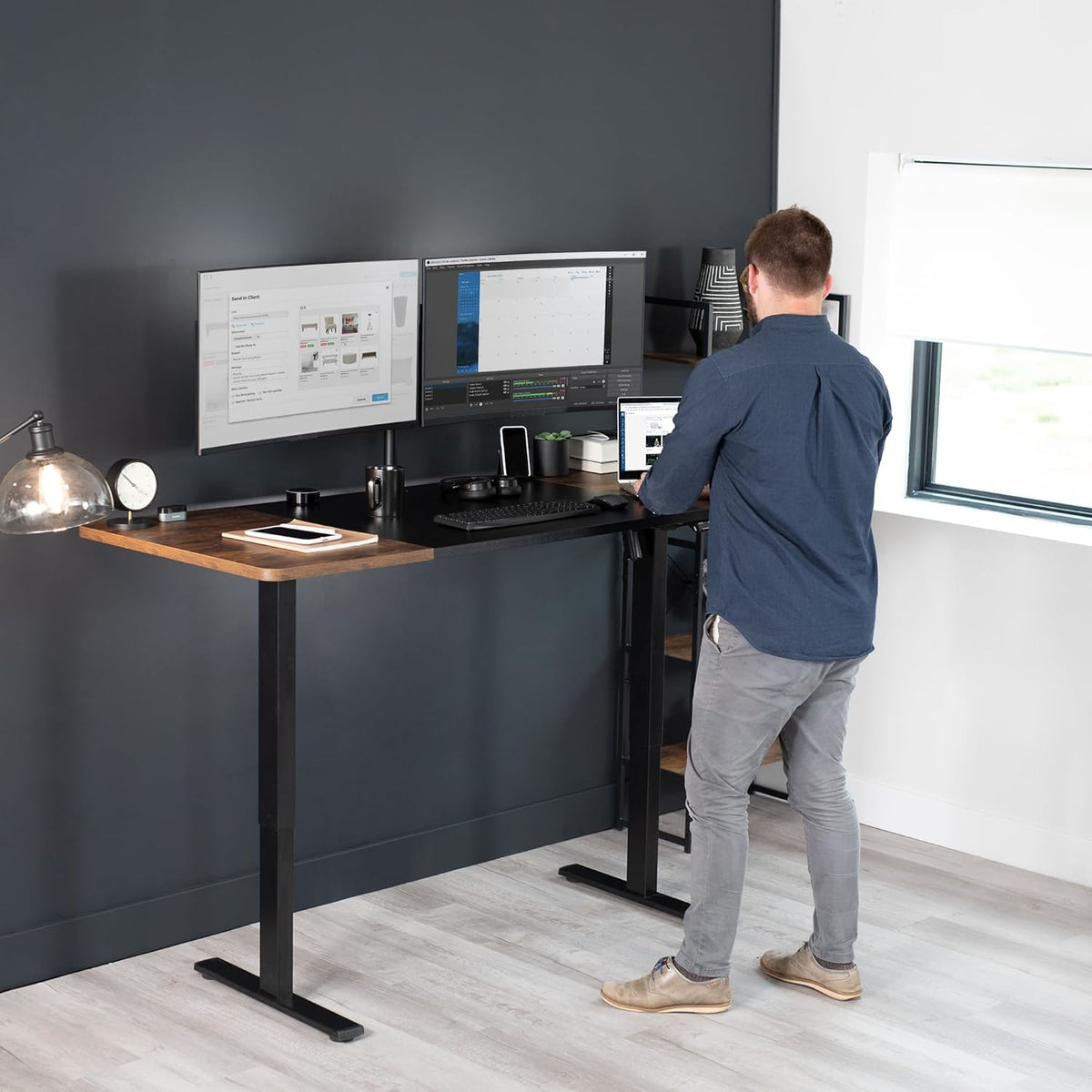VIVO Electric 71 x 30 in Rustic Standing Desk, Memory Height Adjustment, 1B Series, Black and Vintage Brown Top, Black Frame, DESK-KIT-1B7BN
