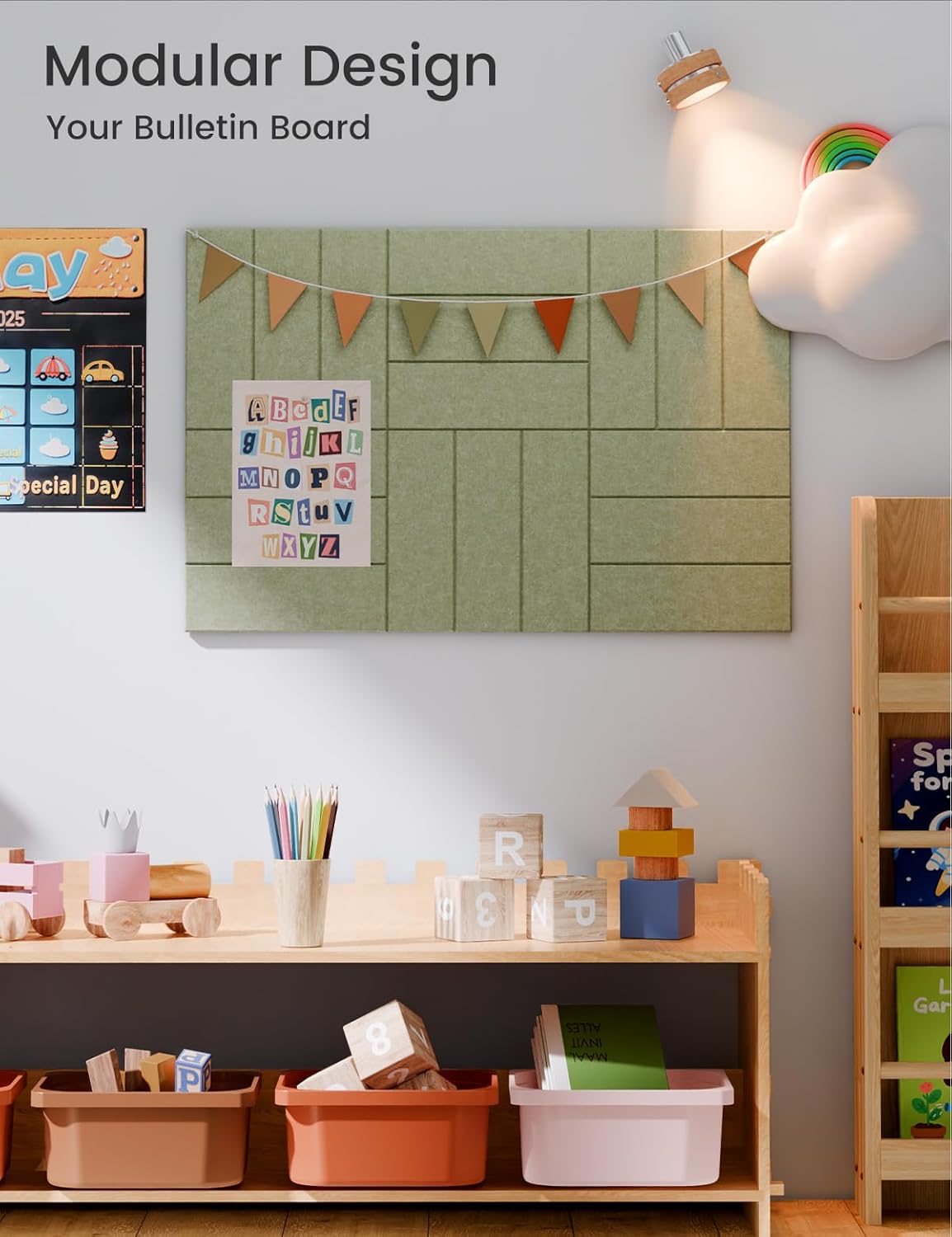 Felt Bulletin Board Tiles -28"x18" with 40 Adhesive Tabs, Cork Board Alternative for Office Decor, Push Pin Board Wall Organizer 6-Pack(Olive Green)