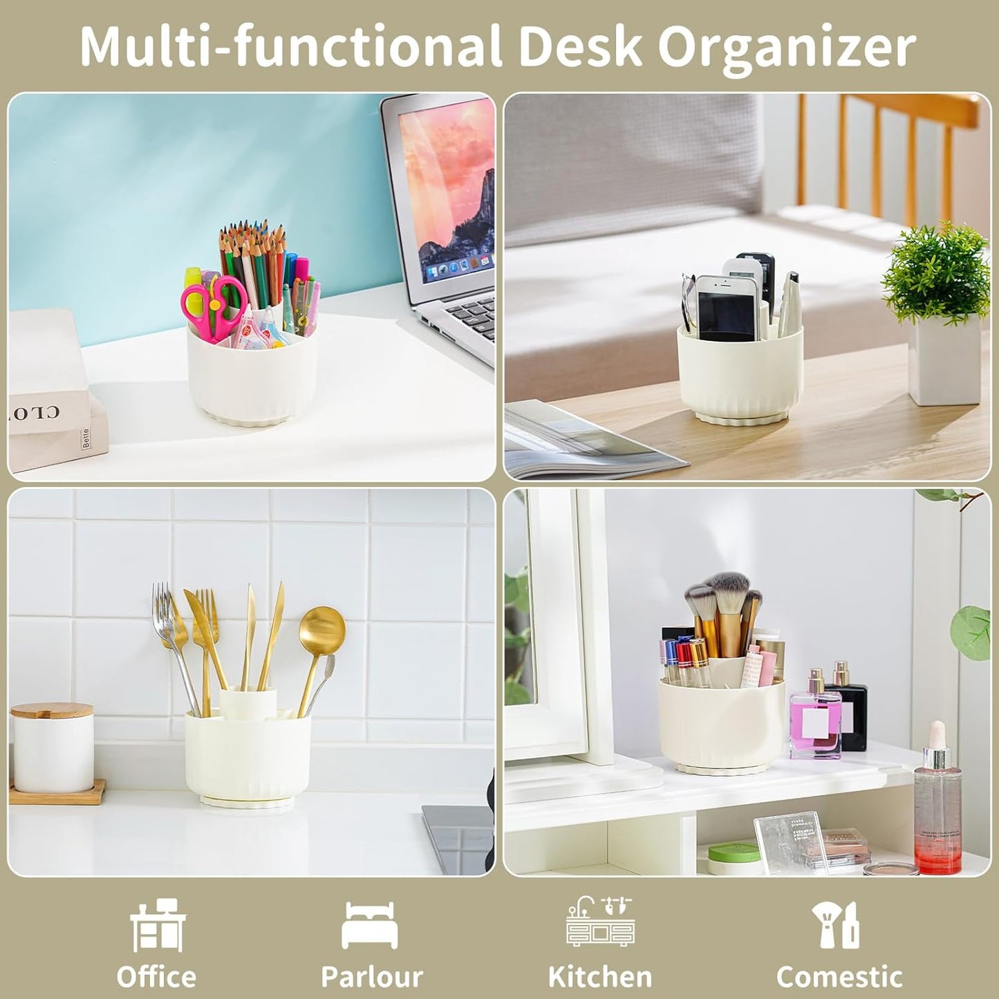 Marbrasse Desk Organizer, 360-Degree Rotating Pen Pencil Holder, Desk Organizers and Accessories with 5 Compartments Pencil Organizer, Art Supply Storage Box Caddy for Office, Home(Beige)