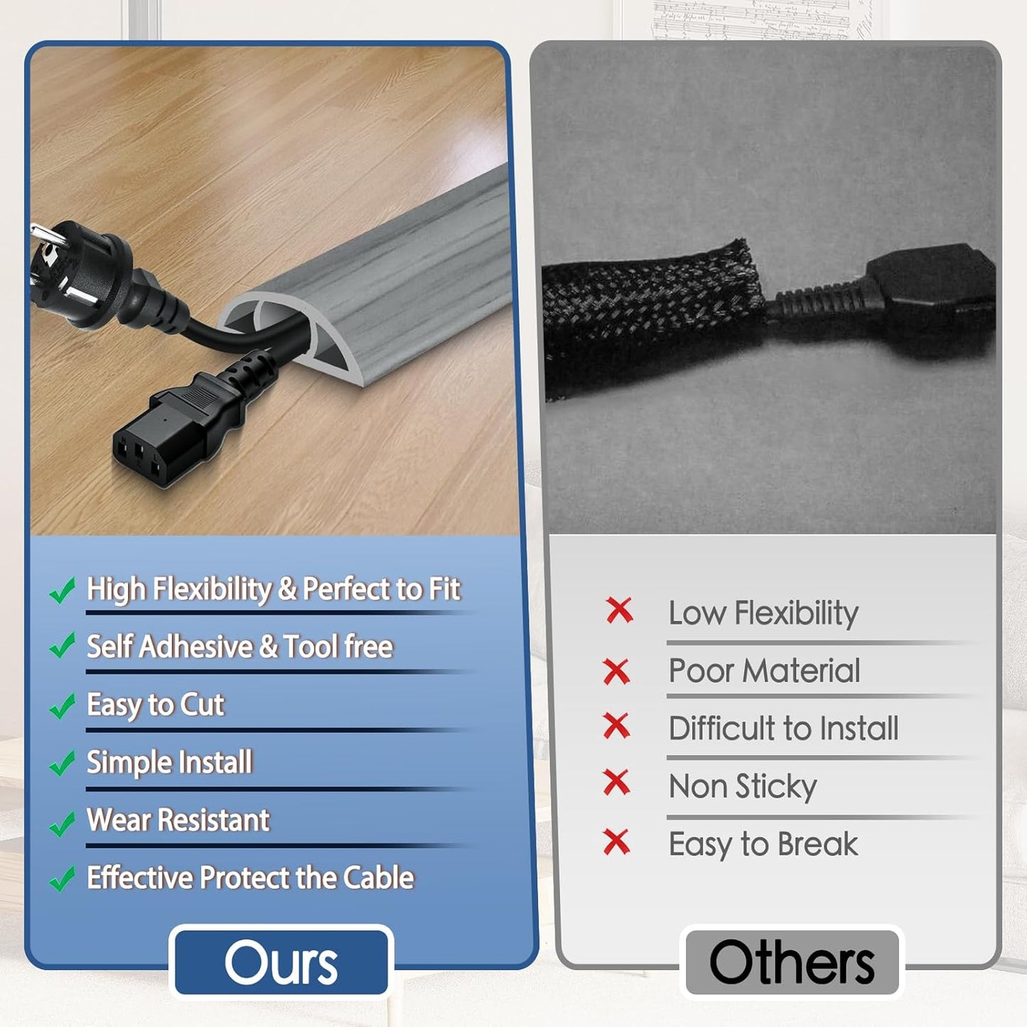 Floor Cord Cover for Wires on Floor Self Adhesive Cord Hider Floor Cable Management Wire Covers for Cords Protector Prevent Cable Trips Cord Cavity W 0.51" x H 0.31", Gray Wood, 10Ft