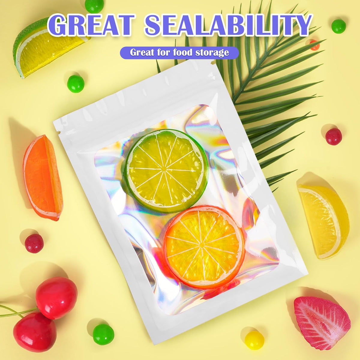 Mylar Bags, 100 PCS Holographic Bags, White Smell Proof Bag with Front Window, Small Business Packaging Supplies, Resealable Bag for Food Storage, Bracelets, Jewelry, Sample （4x6in）