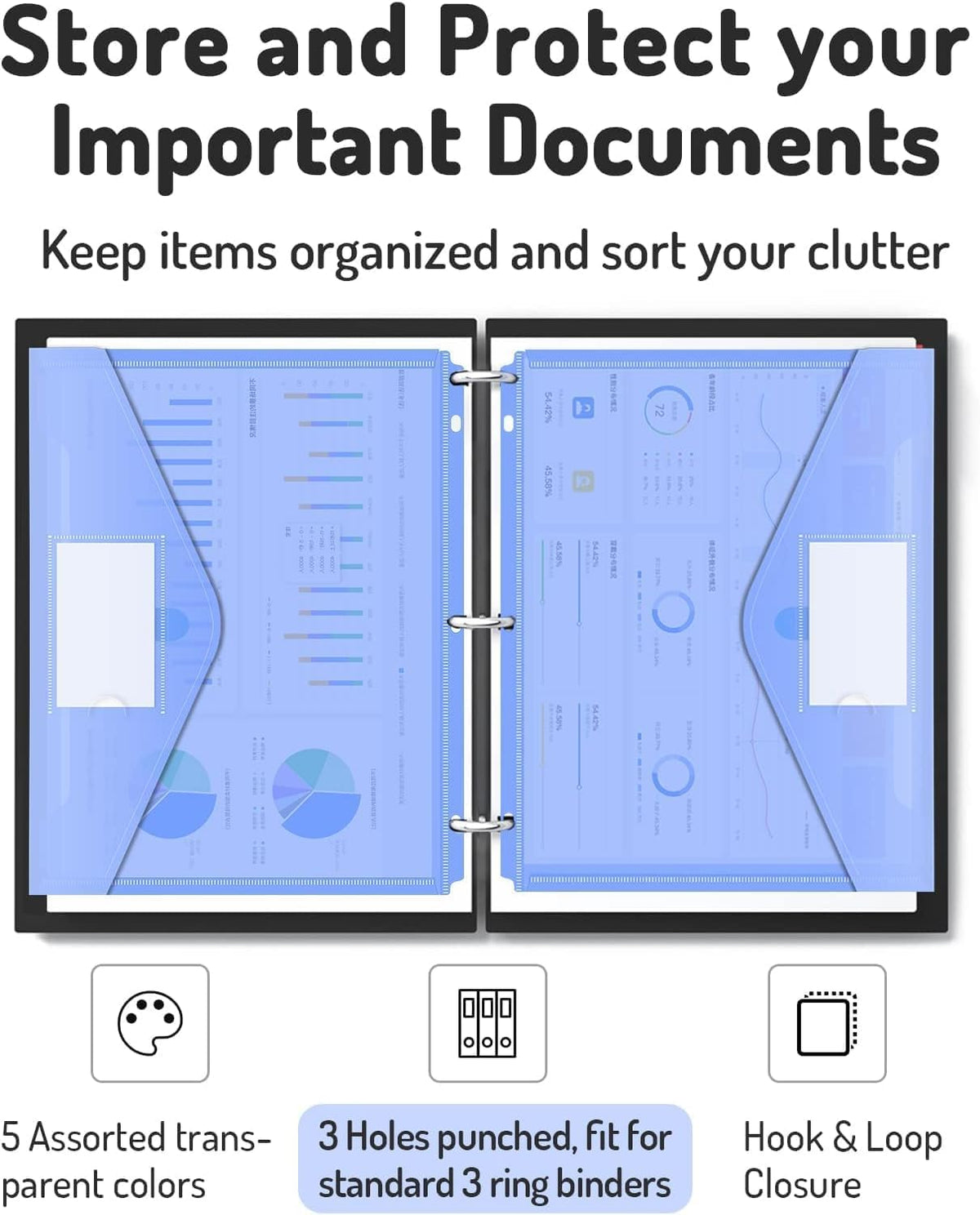 Forvencer Binder Pocket, 48 Pack Super Heavyweight Poly Binder Pocket with Tight Closure, File Folders Side Loading, 3 Ring Binder Organizer, Letter Size, Assorted Colors