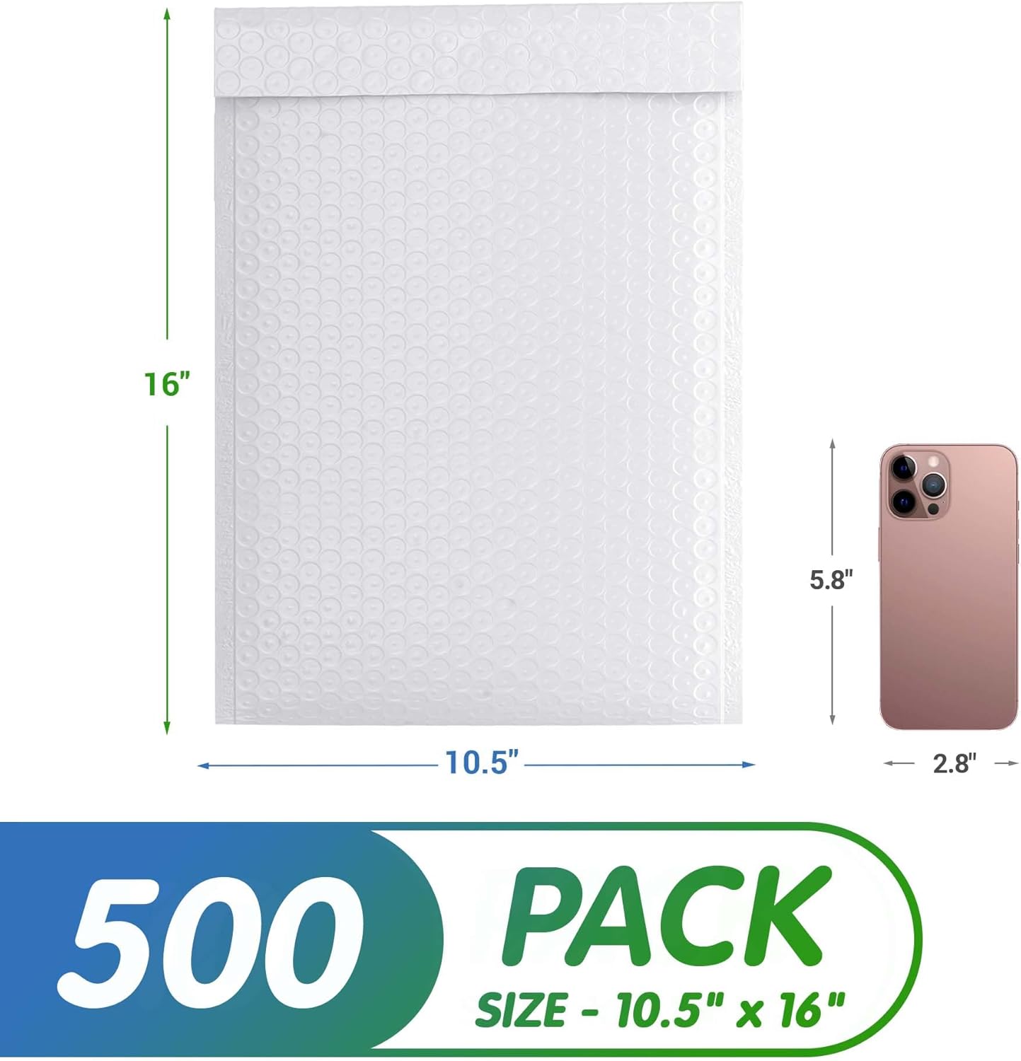 White Poly Bubble Mailers Self Seal, 10.5 x 16 Inch. Pack of 500 Bubble Packaging Envelopes for Shipping. Durable Padded Envelopes Waterproof. Self Seal Padded Mailers. Shipping Packages