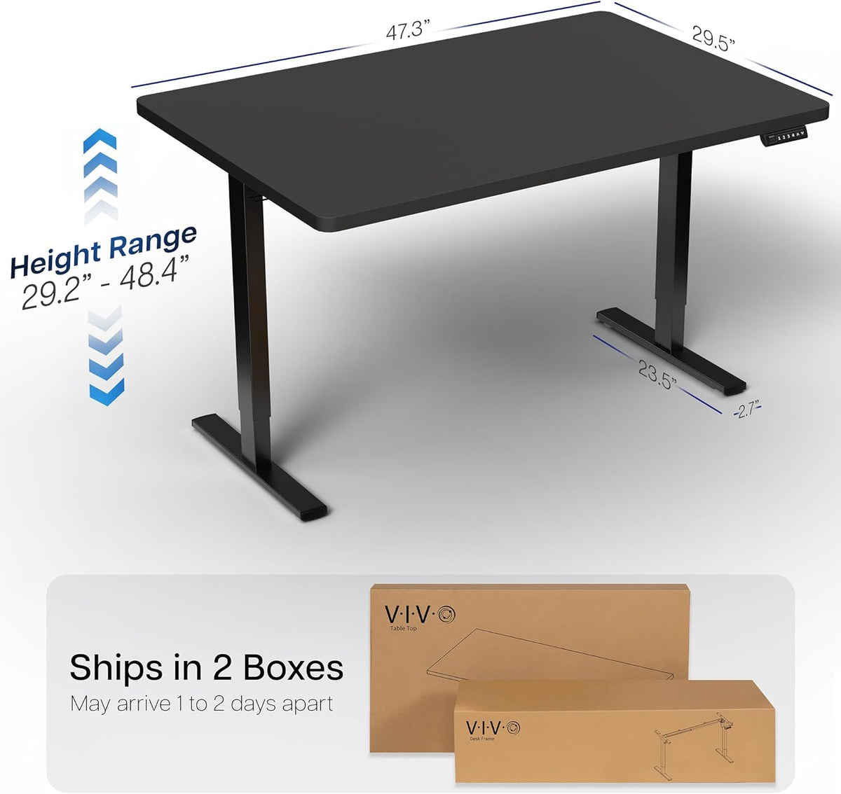 VIVO Electric 48 x 30 in Standing Desk, Memory Height Adjustment, 1B Series, One-Piece Black Top, Black Frame, DESK-KIT-1B5B
