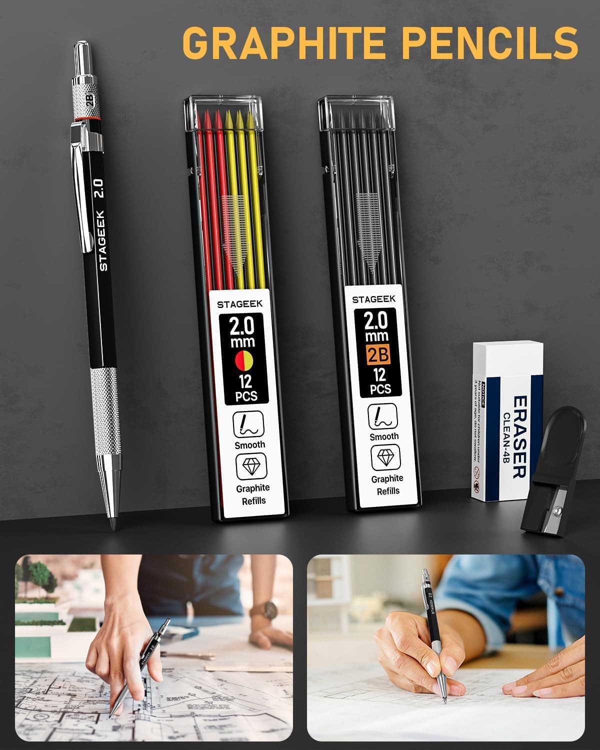 14 Pack Carpenter Pencil Set with Sharpener, Mechanical Carpenter Pencils with 60 Refills, Deep Hole Long-Nib Marker Pens, Carbide Scribe Tool & Construction Pencils for Architect with Case