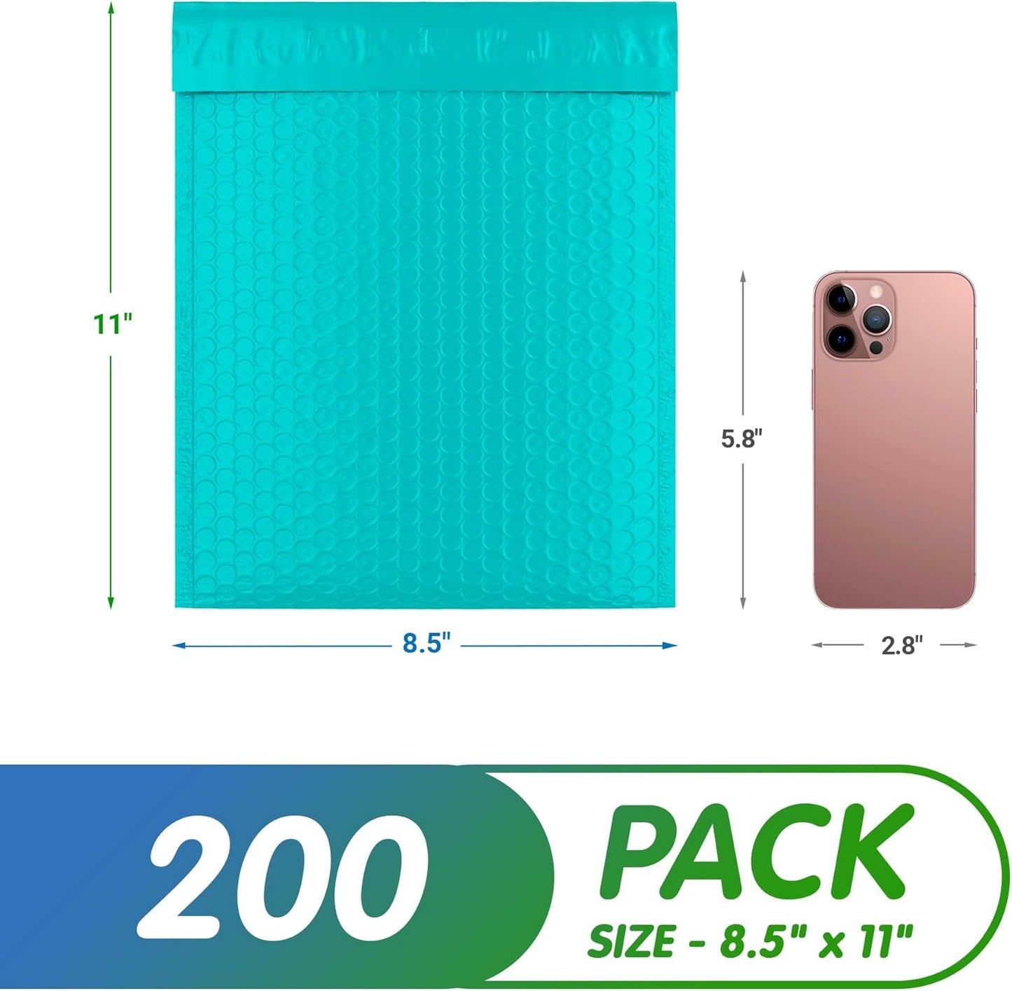 Teal Poly Bubble Mailers Self Seal, 8.5 x 11 Inch. Pack of 200 Bubble Packaging Envelopes for Shipping. Durable Padded Envelopes Waterproof. Self Seal Padded Mailers. Shipping Packages