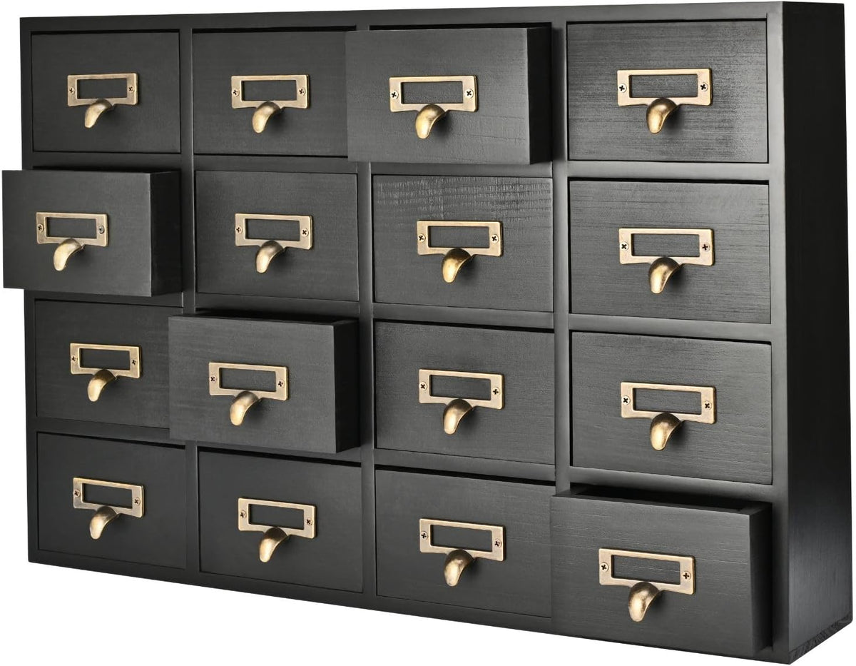 Flexzion Apothecary Cabinet with Drawers - 16 Vintage Apothecary Drawers Desktop Organizer for Home & Office - Wooden Tabletop Library Card Catalog Cabinet Storage for Jewelry, Makeup & Tools, Black