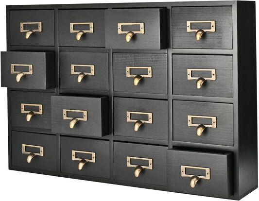 Flexzion Apothecary Cabinet with Drawers - 16 Vintage Apothecary Drawers Desktop Organizer for Home & Office - Wooden Tabletop Library Card Catalog Cabinet Storage for Jewelry, Makeup & Tools, Black