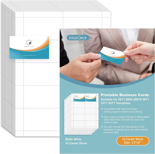 MaxGear Blank Business Cards 200 Printable Business Card, 3.5 x 2" Thick Card Pape Compatible with Laser & Inkjet Printer, Double-sided Printing, Heavyweight, Matte White Paper, 10 Cards/Sheet (8871)