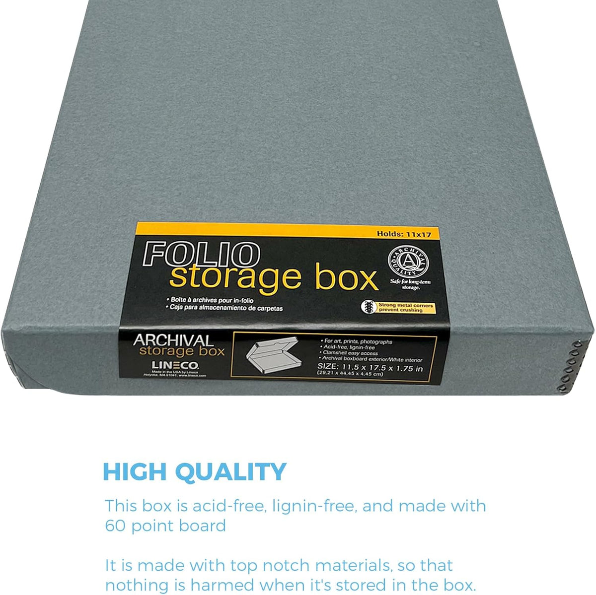 Lineco Folio Storage Box, Clamshell Design with Metal Edge. 11.5x17.5x1.75 Inches, Archival Boxboard, Preserve Photos, Cards, Magazines, Documents, Art, Ephemera, Family Records, Gray, Pack of 1