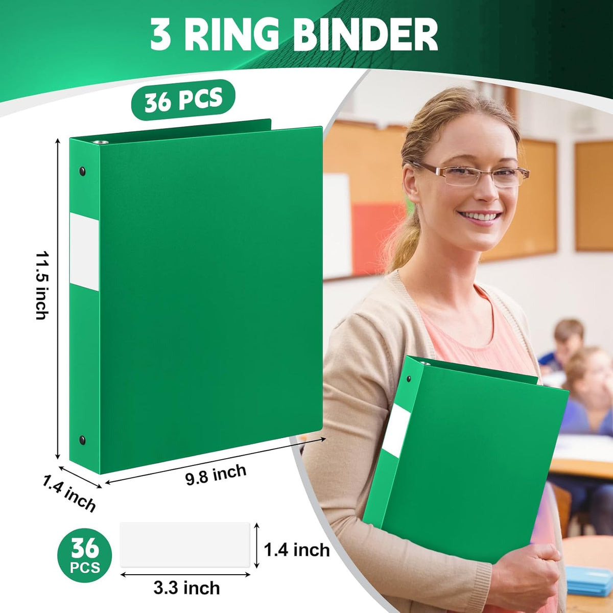 36 Pcs 1 Inch 3 Ring Plastic Binder Flexible Binders Bulk Fits Letter Size 8.5'' x 11'' Paper Holds up to 225 Sheets with 1 Pockets Versatile Binder for School Office Home (Green)