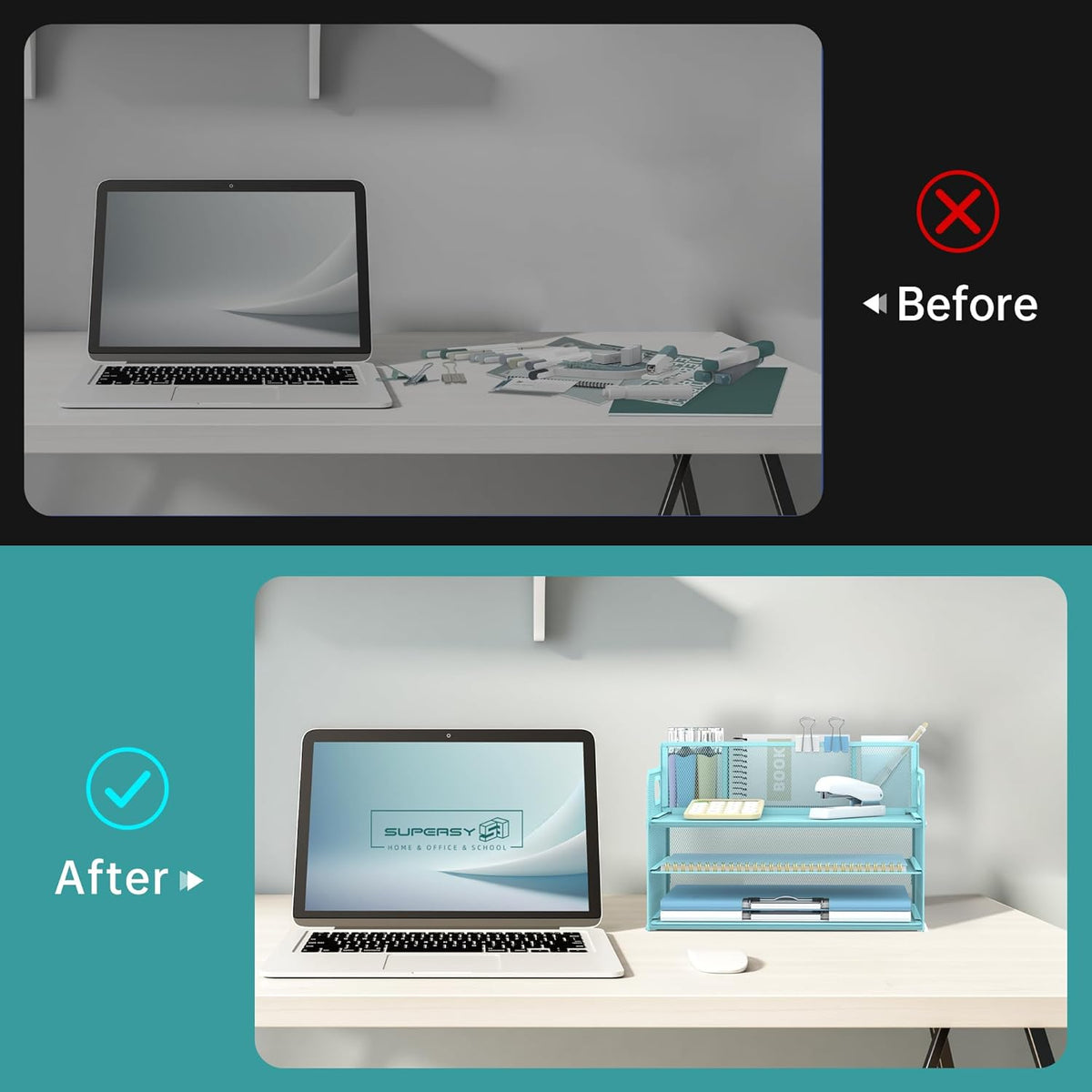 SUPEASY 3 Tier Desk Organizer with Handle & 3 Pen Holders, Mesh Paper/File Organizer for Desk, Paper Letter Tray Organizer for Office Supplies (Light Blue)