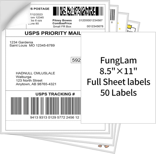 FungLam 8.5" x 11" Full Sheet Sticker Paper, Printable Sticker Paper for Laser & Inkjet Printers, 50 Full Sheet Address Shipping Label（50 Labels）