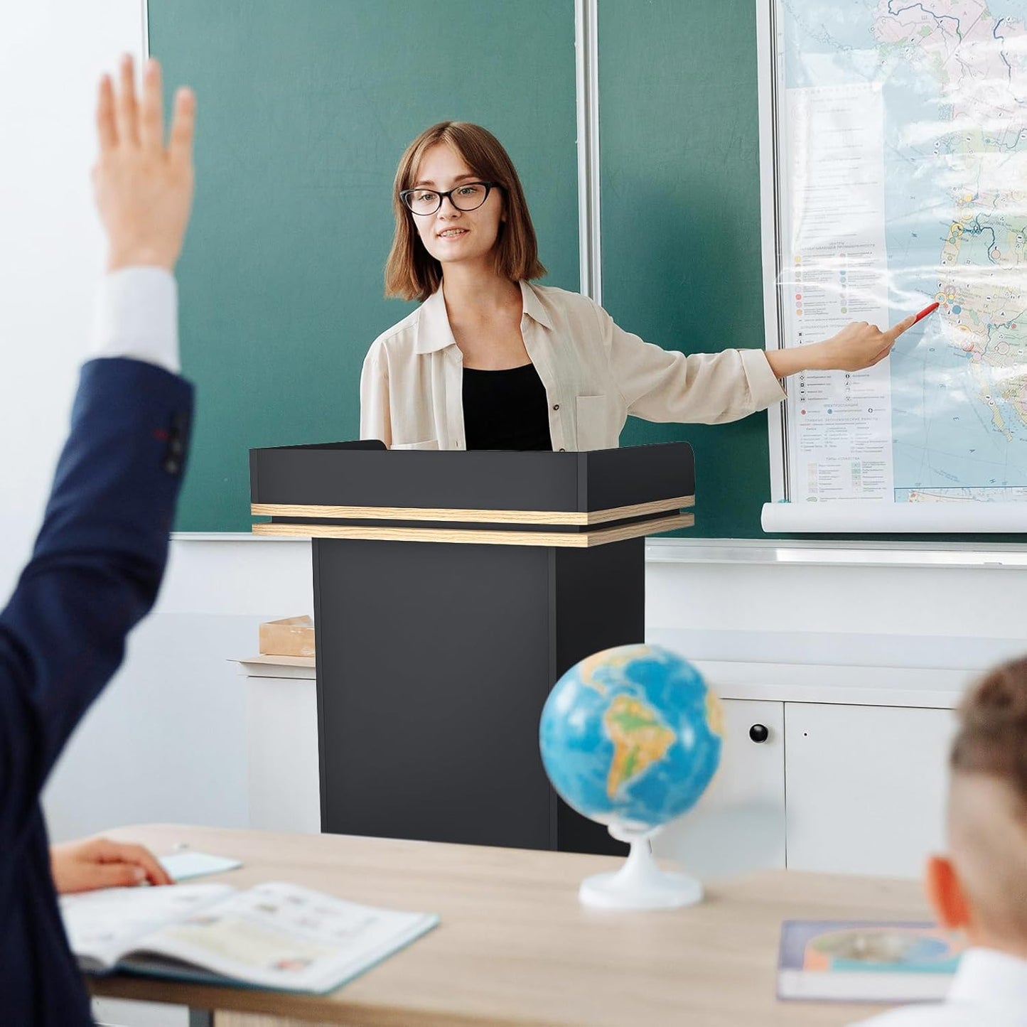 43" Wood Podium Stand with 3 Levels of Storage, Portable Lectern with Wheels, Floor Standing Customer Reception Podiums Mic Stand Desk for Churches, Office, School,Conference, Auditorium