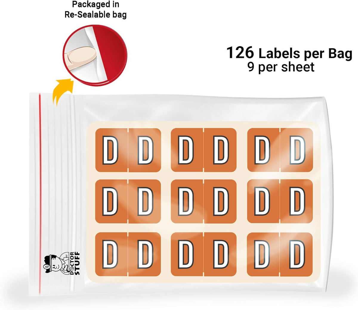 Doctor Stuff - File Folder Labels, Alphabet Letter D, Barkley/Sycom FABKM - BRAM Series Compatible Alpha Stickers, Orange, 1" x 1-1/2", 126 Labels/Package