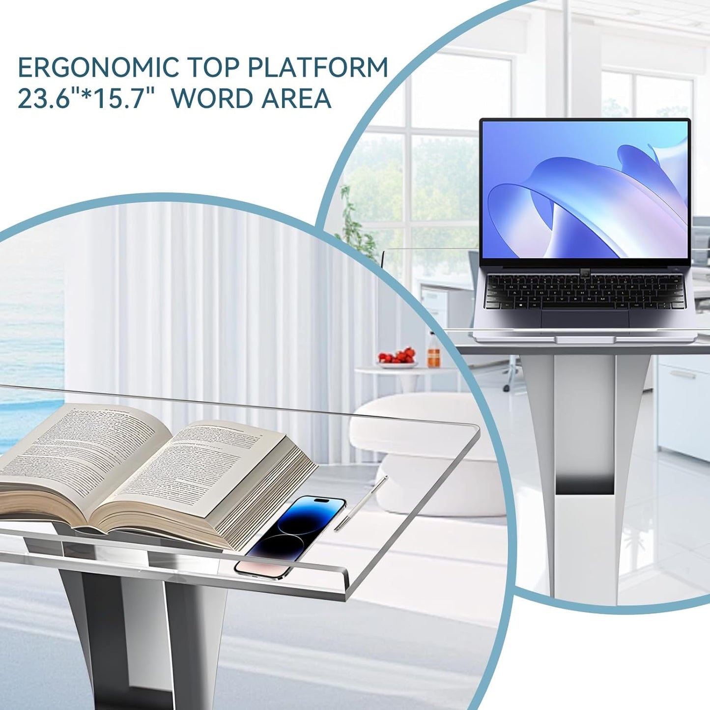 42.5" Acrylic Podium Stand, Pulpits for Churches with Iron Stable Bottom, Lectern with 10MM Thickened Acrylic Countertop, Multi Function Pulpit for Classroom Music Concert Wedding Conference