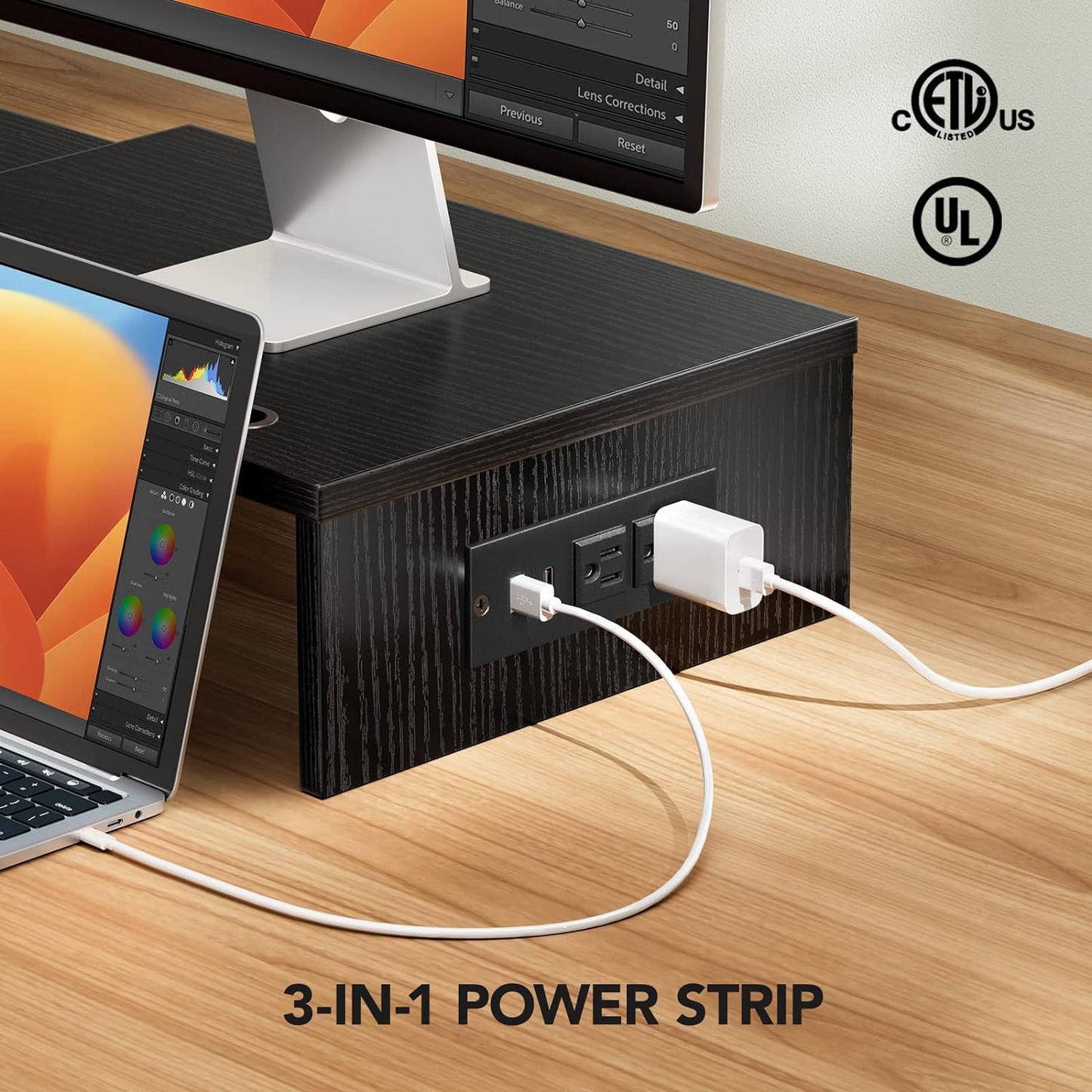 HUANUO Dual Monitor Stand -Monitor Stand with USB ports ,Adjustable Length and Angle, Dual monitor riser w/ Desktop Socket, Monitor Stand Riser for PC, Computer, Laptop (Black)