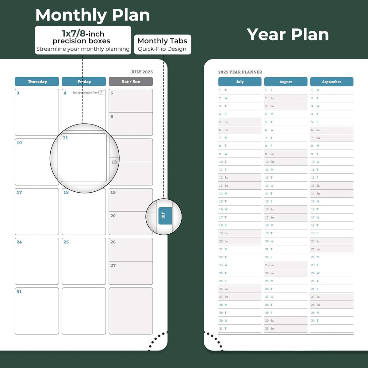 Planner 2025-2026 Daily Weekly and Monthly,6.5"x3.75",18 Months Spiral Bound Calendar Agenda with Self-adhesive Pen Holder,2026 Academic Plan with Vegan Leather Soft Cover,Green