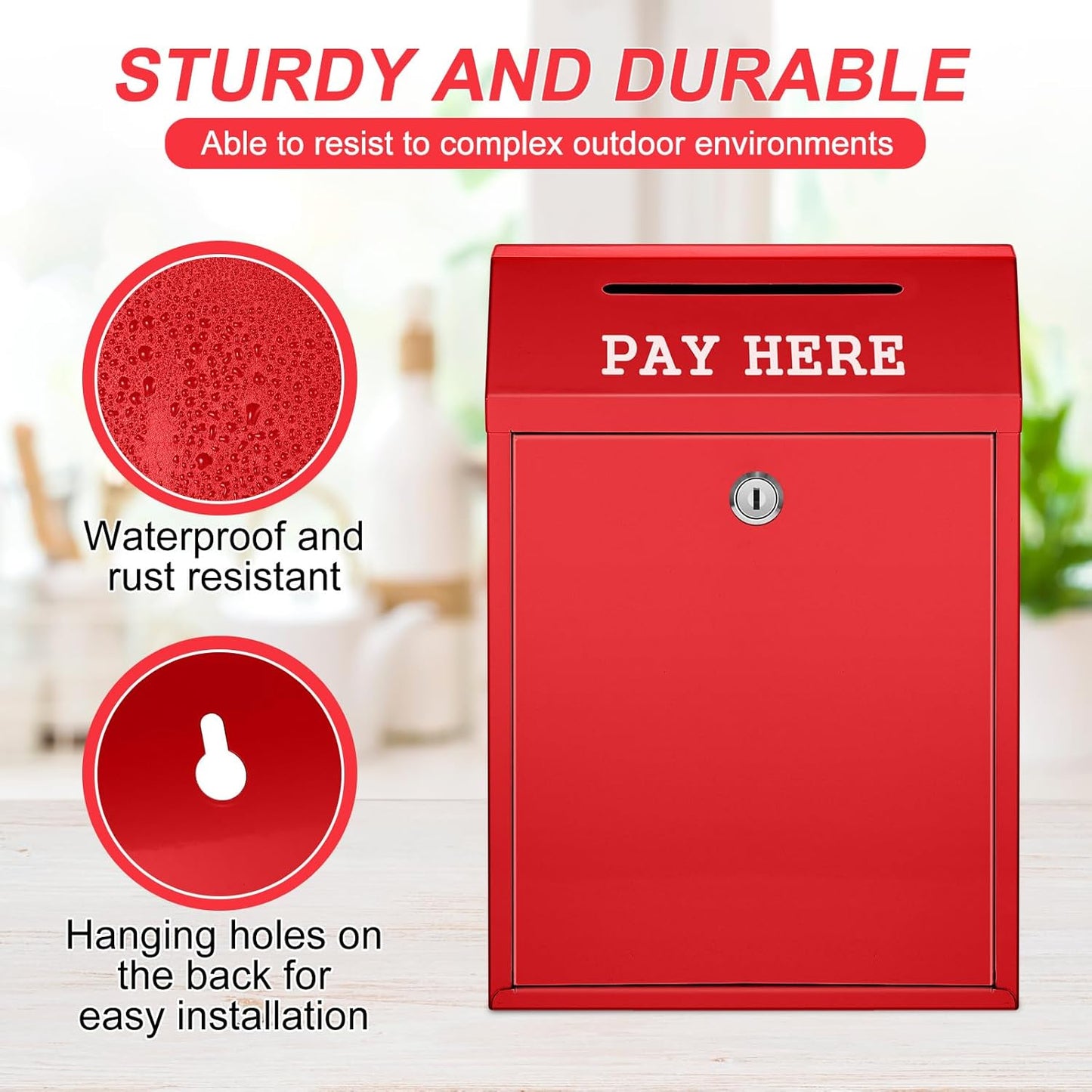 Safe Cash Box Money Collection Metal Donation Box with Lock Wall Mount Pre Drilled Mailbox Delivery Ballot for Home Office Outdoor Self Serve Stand(Red,11.8 x 8.6 x 4.7 Inch)