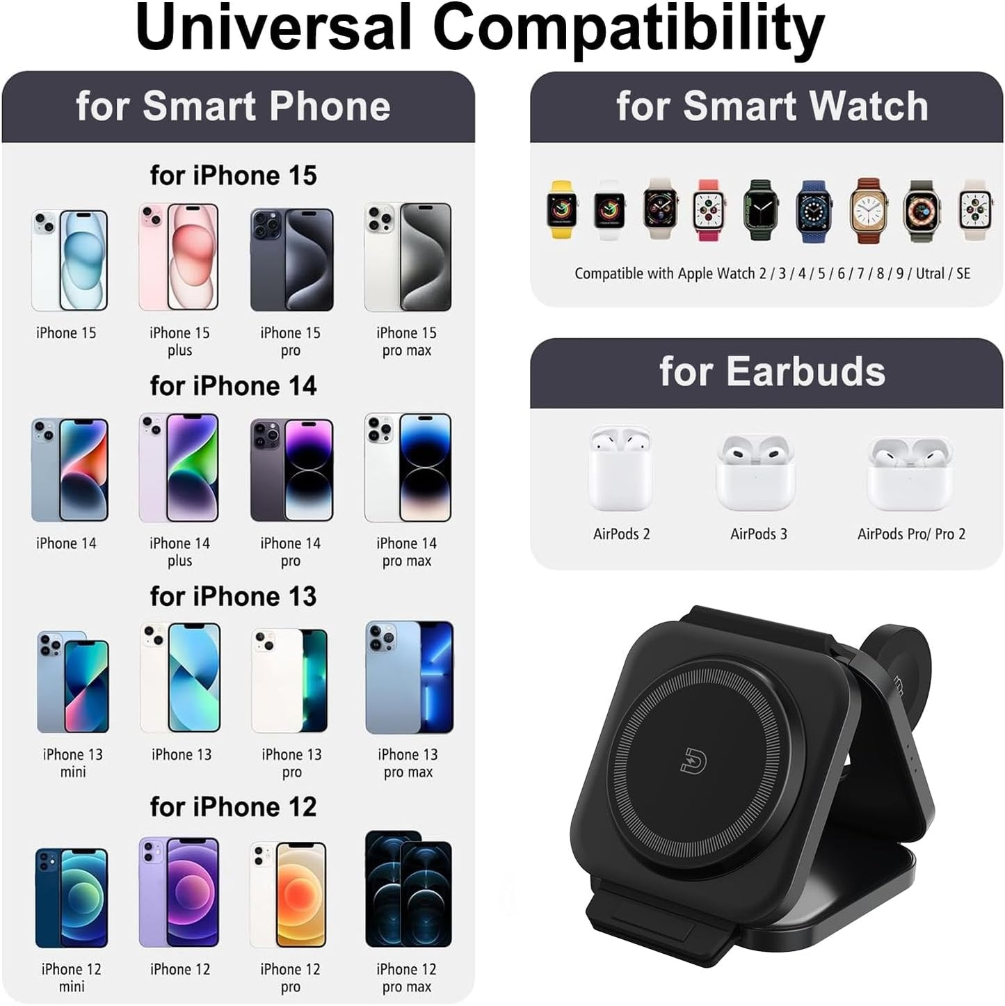 Wireless Charging Station for Apple Multiple Devices - 3 in 1 Foldable Magnetic Wireless Charger - Travel Charging Pad for iPhone 16 15 14 13 12 Pro Max Plus Watch & AirPods (Black)
