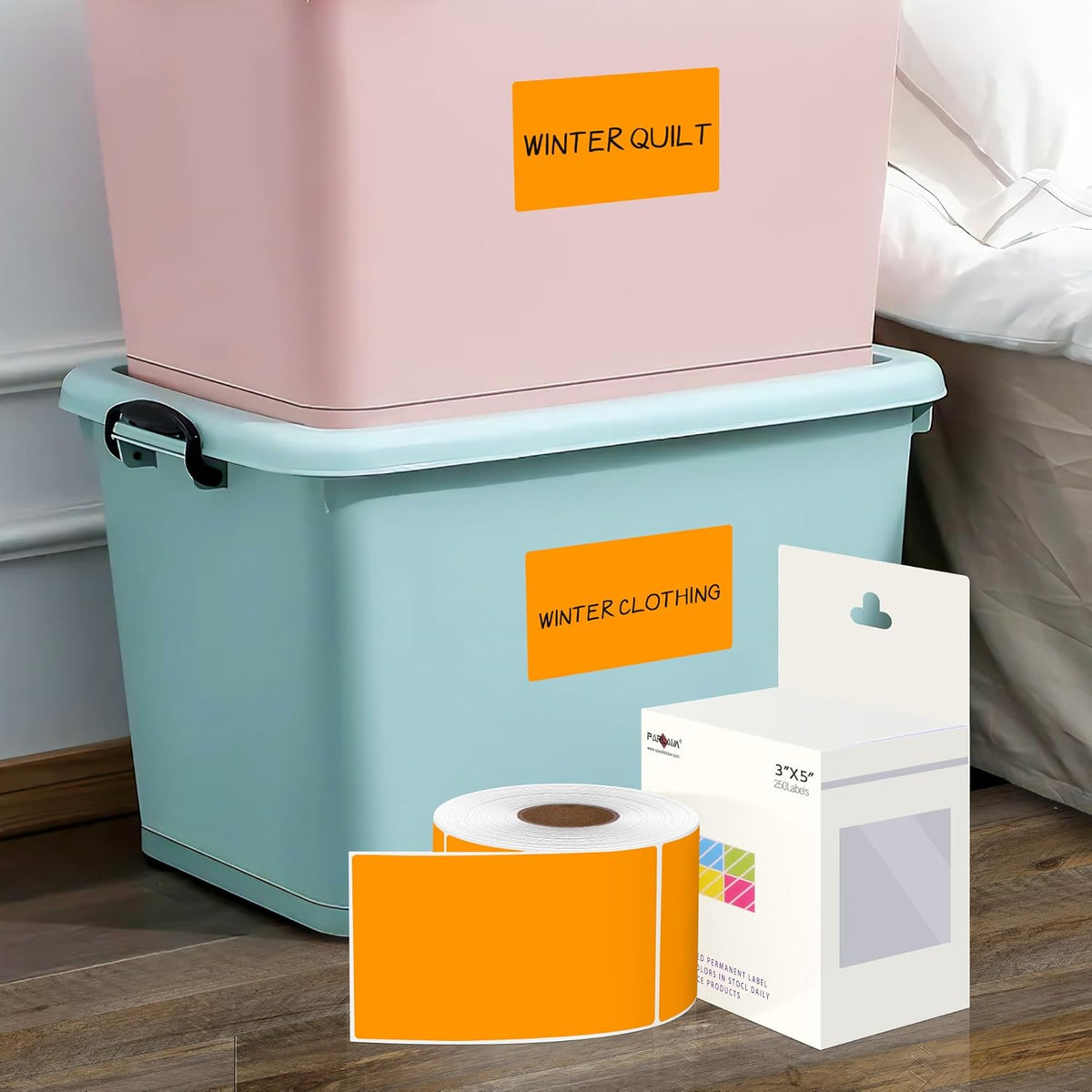 PARLAIM 3 X 5 Inch 1000Per/4Rolls Rectangle Inventory Color Coding Labels,Roll Square Label Stickers for Home (Fluorescent Orange)