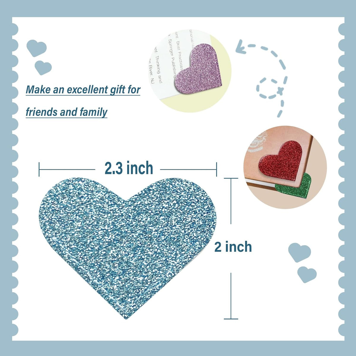 Leather Heart Bookmarks - Winjeto 6 Pieces Cute Corner Page Book Marks for Teachers Students Book Reading Lovers, for School Office Home Supplies (Glitter（6pcs）)