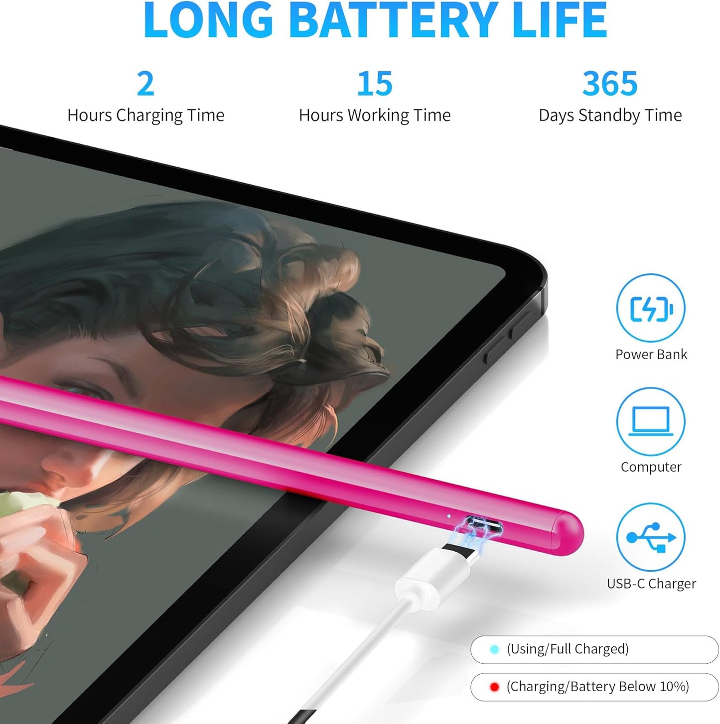 DRYMOKINI Stylus Pen, Active Stylus Pen Touch Screens Compatible for Android and iOS Tablet/Phones, Rechargeable Universal Stylus Pencil Compatible for A-pple/i-Pad/Phone Tablet, BabyPink