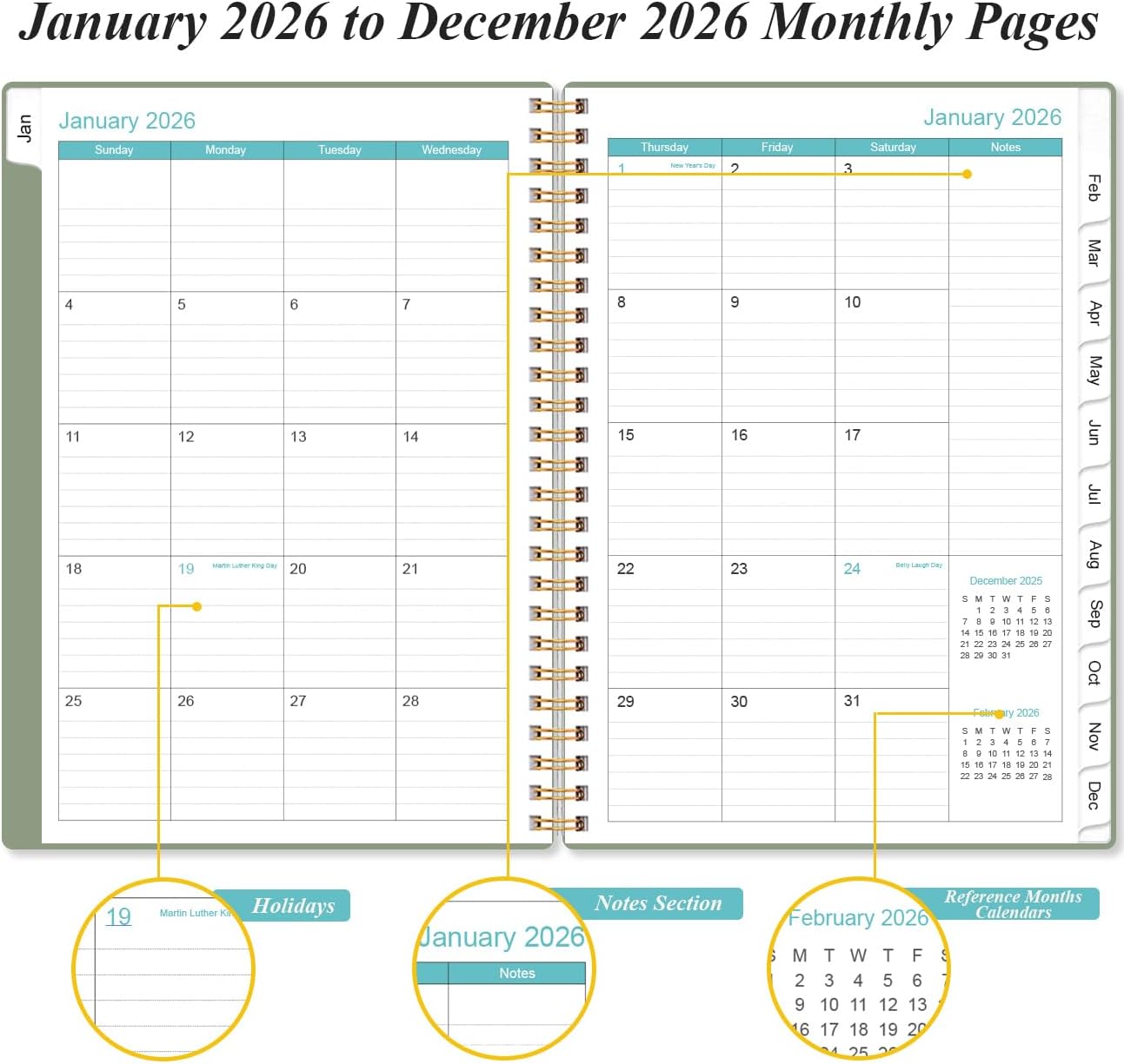 2026 Planner - Planner 2026 from January 2026 - December 2026, Weekly & Monthly Planner Spiral Bound with 12 Monthly Tabs, Inner Pocket, 6.4" x 8.5", Green-A