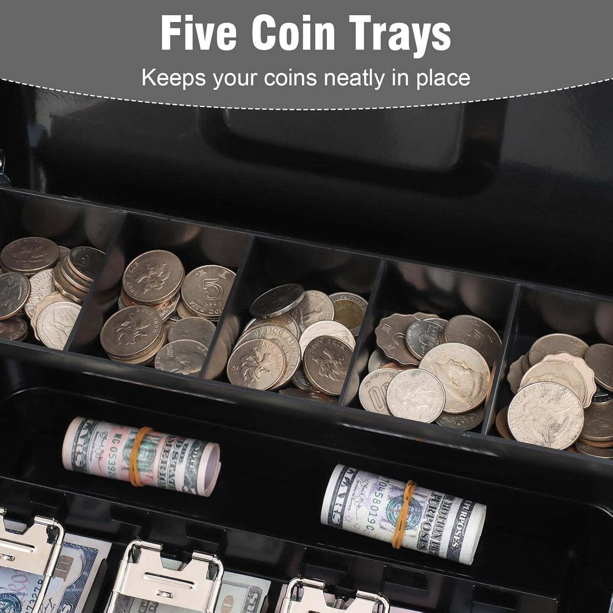 KYODOLED Locking Cash Box with Top Lock,Money Box with Cash Tray,4 Bill/5 Coin Slots,Lock Safe Box with Key,Money Saving Organizer,11.81Lx 9.45Wx 3.54H Inches,Black XL Large