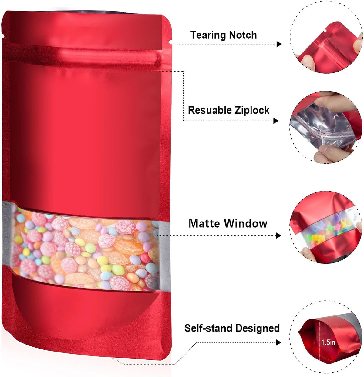 5.9"x8.6" 120pcs Mylar Bags for Food Storage,Smell Proof Bag with Matte Window Resealable Food Storage Bags for Small Business, Stand-up Foil Pouch Packaging Freeze Dried Candy Bag（Red）