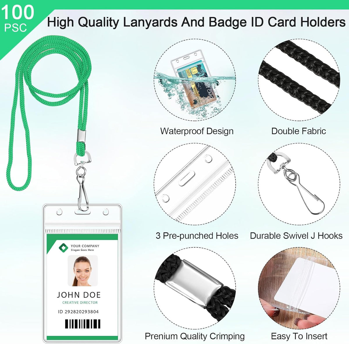 Marspark 100 Pieces Lanyards for ID Badges Name Tag Lanyards Bulk Neck Lanyard Badge Holder for Reel ID Card Name Badge Holder Waterproof Plastic Resealable Card Sleeves Hook Cords(Green)