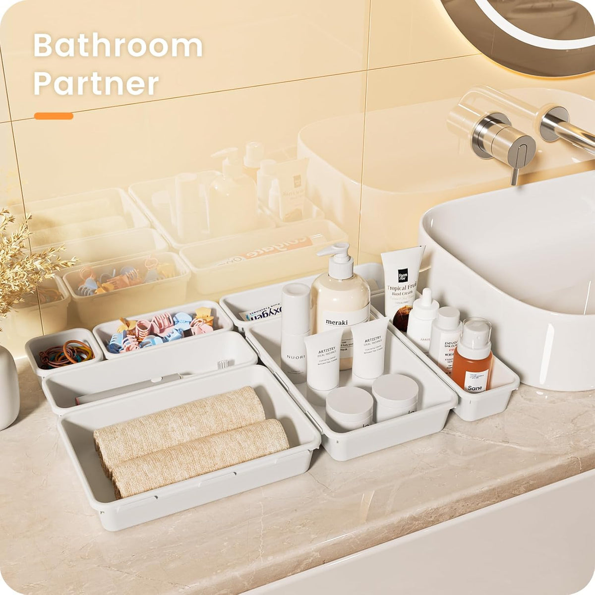 【28PCS】A-LUGEI Drawer Organizer, Bathroom Organizers and Storage, Makeup organizer, Desk drawer organizer, Storage Bins for Kitchen Office Bedroom Vanity Jewelry Pantry Garage【White】【4Size】