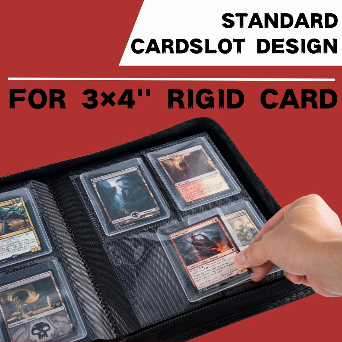 Toploader Binder, Holds 128+ Toploaders, 4 Pocket Top Loader Card Storage Case, Double-Sided Pockets for trading card in 3 x 4'' Toploaders（Red）