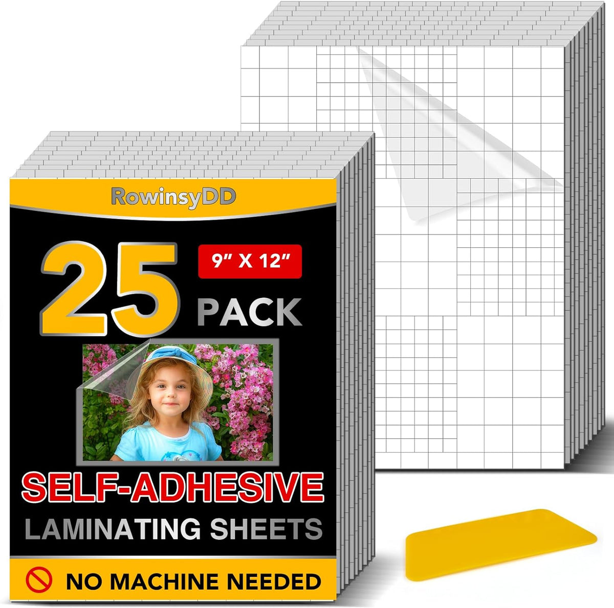 25 Pack Self Adhesive Laminating Sheets, 9 X 12 Inch, Clear Sticker Laminate Sheets Waterproof for Documents, Photos, No Machine Needed Heatless Durable