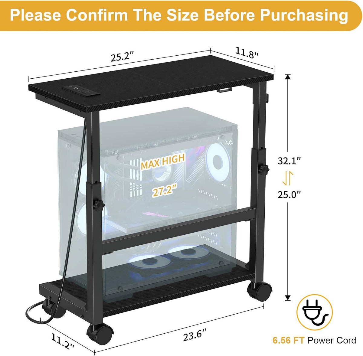 Snughome Computer Tower Stand with Charging Station, 25.0-32.1 Inches Height Adjustable PC Tower Stand for Floor, Mobile PC Holder with Wheels Computer Cart for Home Office