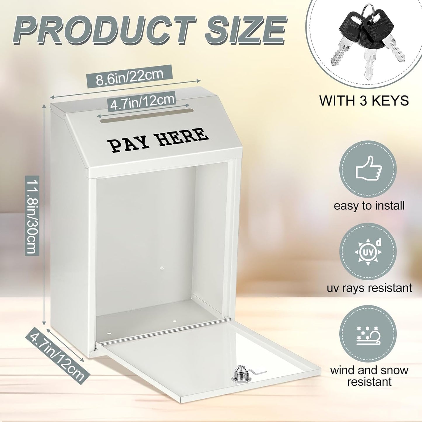 Safe Cash Box Money Collection Metal Donation Box with Lock Wall Mount Pre Drilled Mailbox Delivery Ballot for Home Office Outdoor Self Serve Stand(White,11.8 x 8.6 x 4.7 Inch)