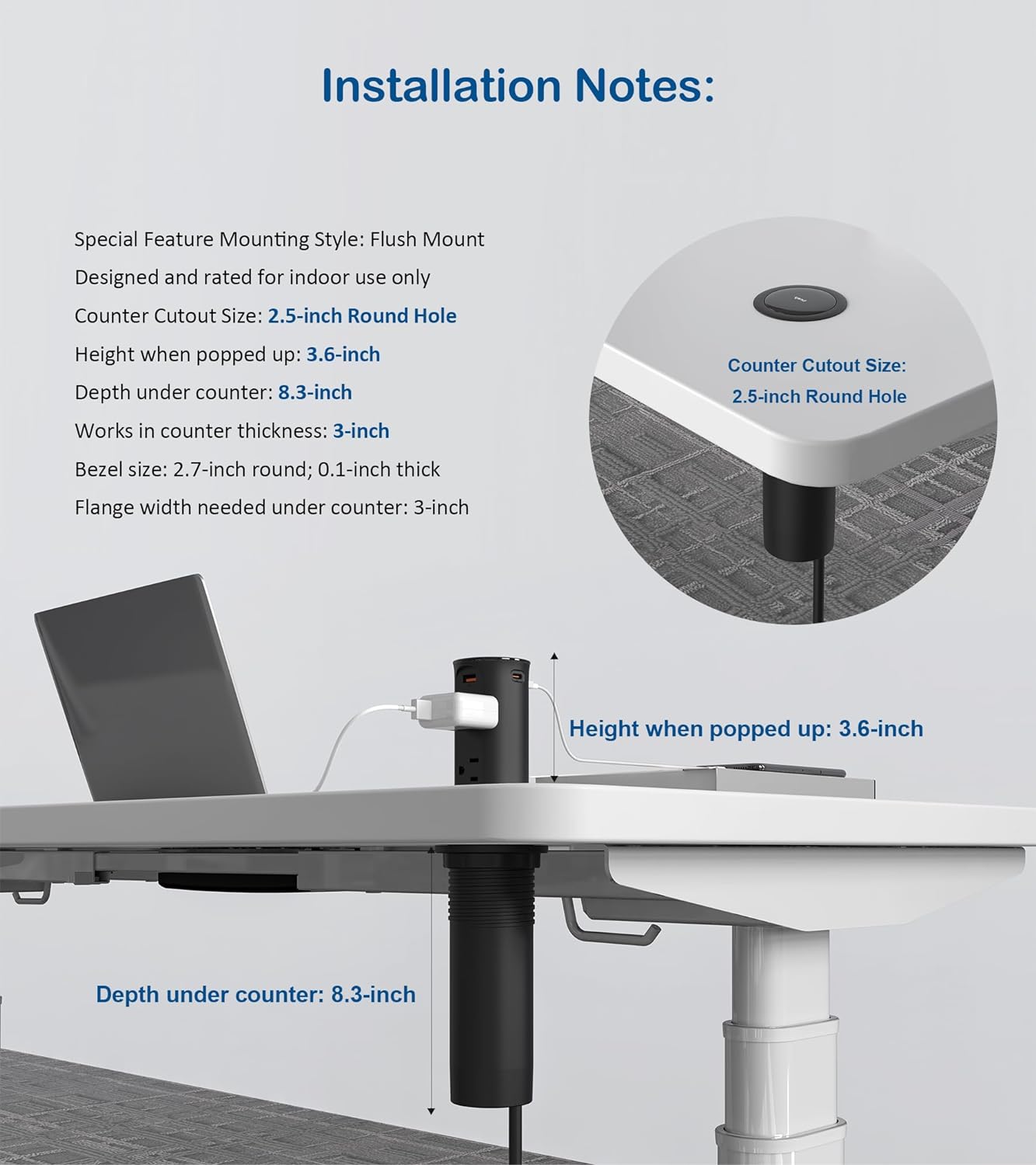 Jgstkcity Pop Up Power Outlet for Countertops & Desks,2.5-Inch Hole Flush, Mount, 20W USB-C, 4 USB Ports, 4 Tamper-Resistant 15A Outlets - Space-Saving Recessed Design,1875W,ETL Listed