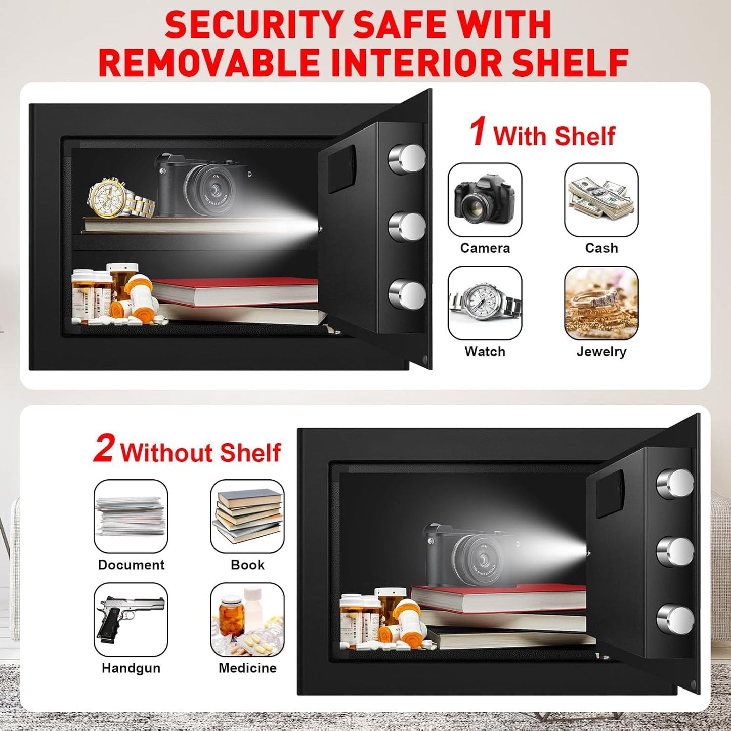 1.3 Cuft Safe Box, Home Safes with Digital Combination Lock, Anti-Theft Safety Box with Digital Keypad, Smart Alert System, Spare Keys, Removable Shelf, LED Light, Personal Document Safe