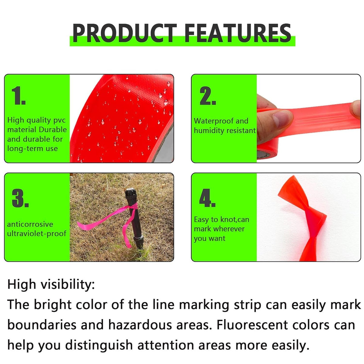 6 Pack Green Flagging Tape, Non-Adhesive Plastic Ribbon Neon Marking Roll,1inch*600ft, Marking Tape for Tree Marking, Hunting, Boundaries Hazardous Areas,Trail Marking, Workplace Use