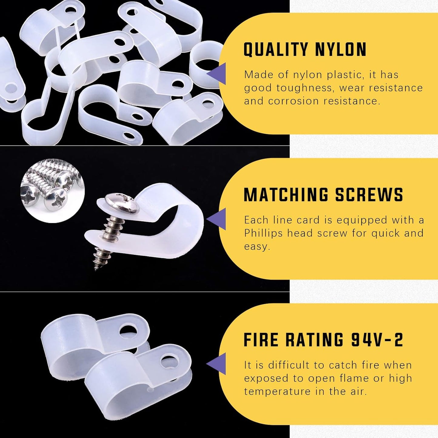 Swpeet 60 Pack White 1/2 Inch Nylon Plastic R-Type Cable Clips Clamp Kit, Nylon Screw Mounting Cord Fastener Clips with 60 Pack Screws for Wire Management (1/2 Inch, White)