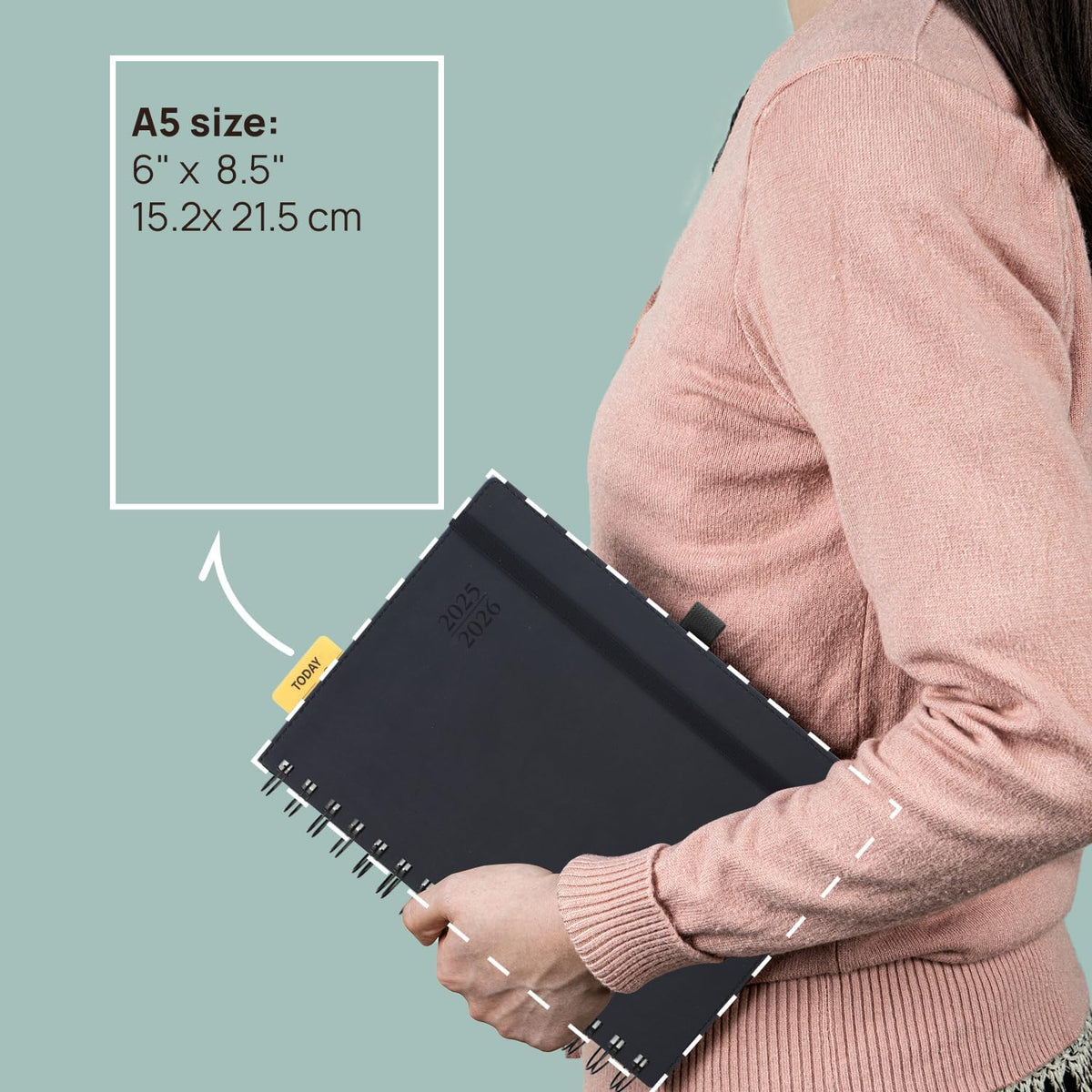 POPRUN Daily Planner 2025-2026 One Page per Day (6'' x 8.5'') with Spiral Bound Leather Soft Cover, Academic Year Appointment Book (Jul.2025 - Jun.2026) with Hourly Slots, Inner Pocket- Forest Green