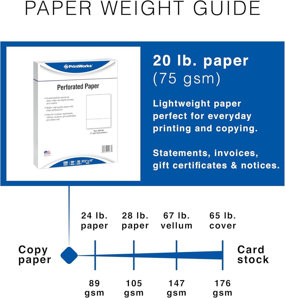 PrintWorks Professional 3" Horizontal Perforated Paper 8.5” x 11” - Perfect For W-2, 1099, & Statement Use - Made in the USA - 500 Sheets - 20 lb - Printer Compatible - White (04167)