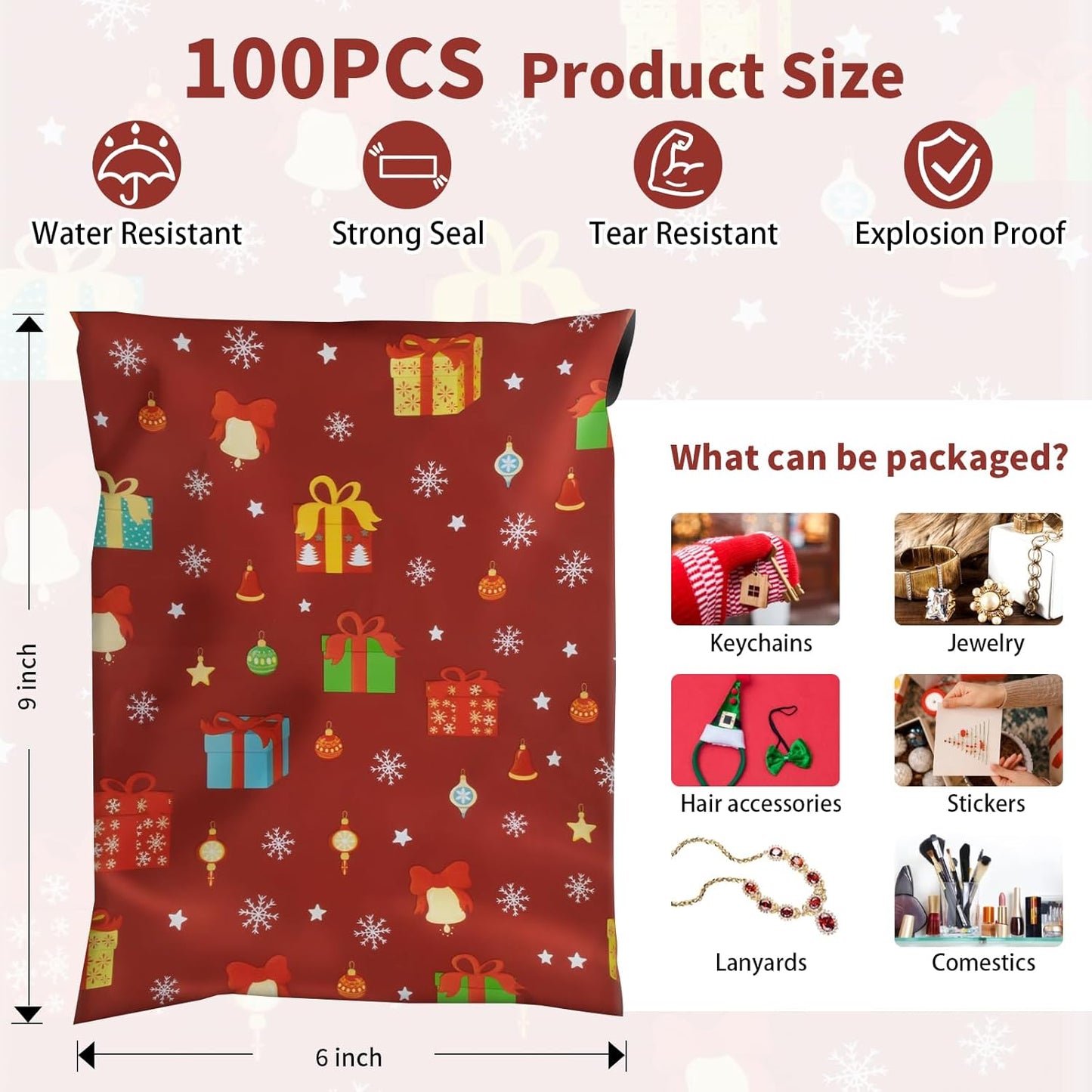 Oududianzi Christmas Poly Mailers 6x9, 100Pack Christmas Shipping Bags, Mailing Bags, Christmas Mailers Poly Bags for Shipping, Holiday Polymailer Packaging Bags for Christmas Gift