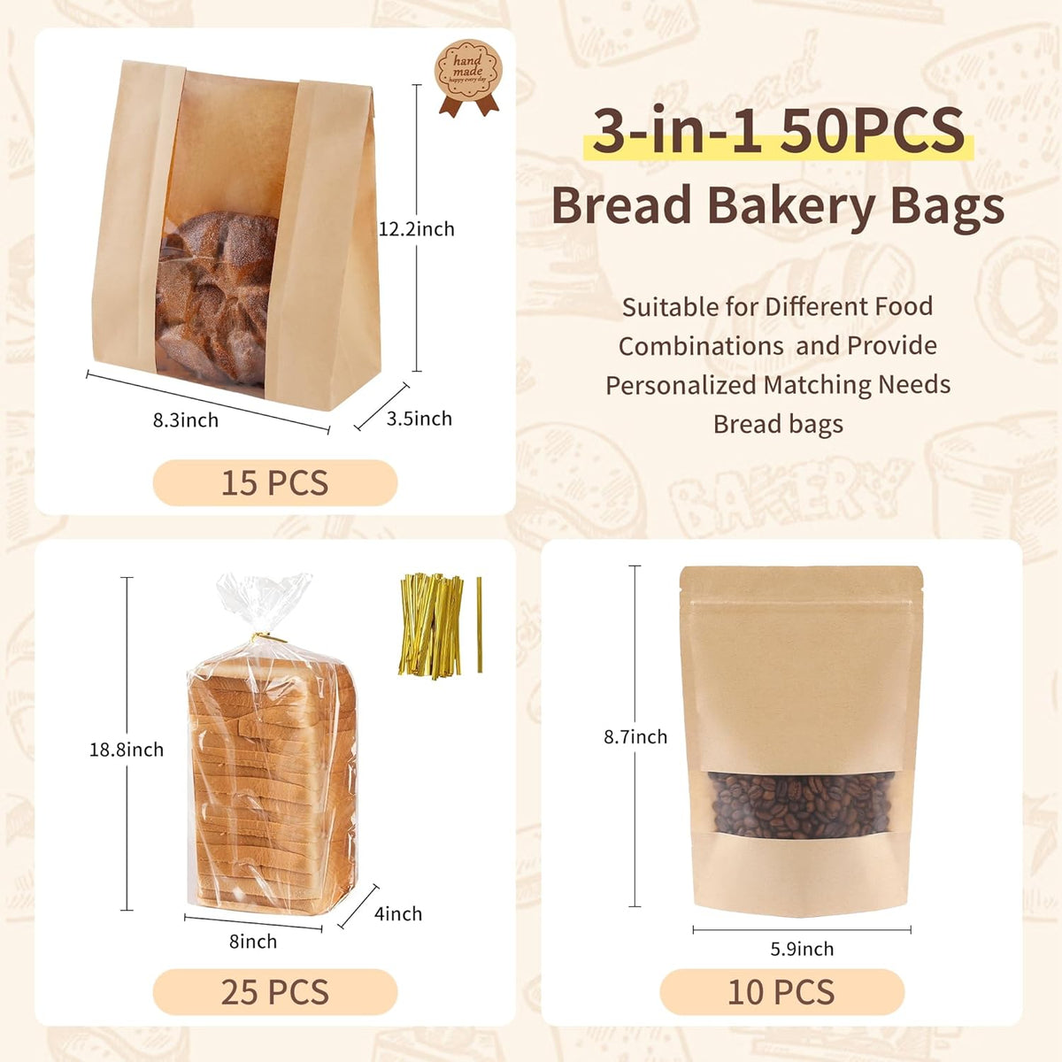 Bpole 3-in-1 Bread Bakery Bags - 50pcs Resealable Paper Plastic bakery Bags for Homemade Sourdough Bread Storage,Snacks,Sandwich, Candies and Cookies,Preservation Freshness