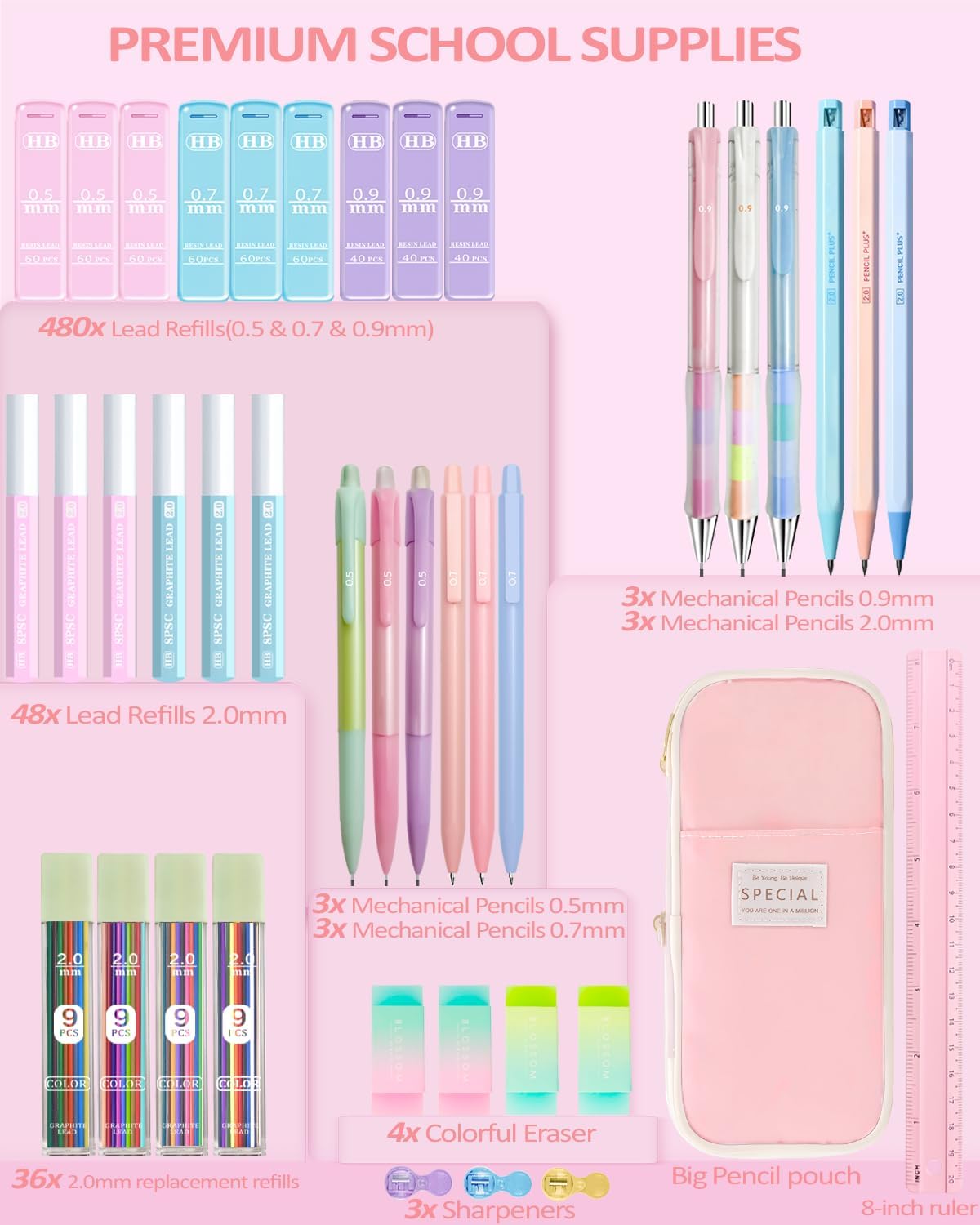 42PCS Mechanical Pencil Set with Cute Pencil Case，12X Pastel Mechanical Pencil 0.5mm, 0.7mm, 0.9mm & 2.0mm with 564X HB Leads Student Stationary Set for Writing Drawing Ideal Study Essentials (Pink)