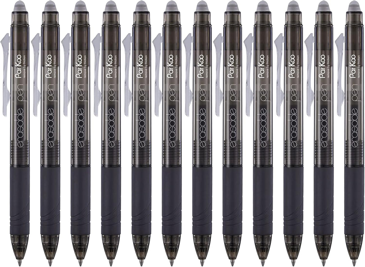 ParKoo Retractable Erasable Gel Pens Clicker Fine Point 0.7 mm, No Need for White Out, Black Ink for Completing Sudoku and Crossword Puzzles, 12-pack