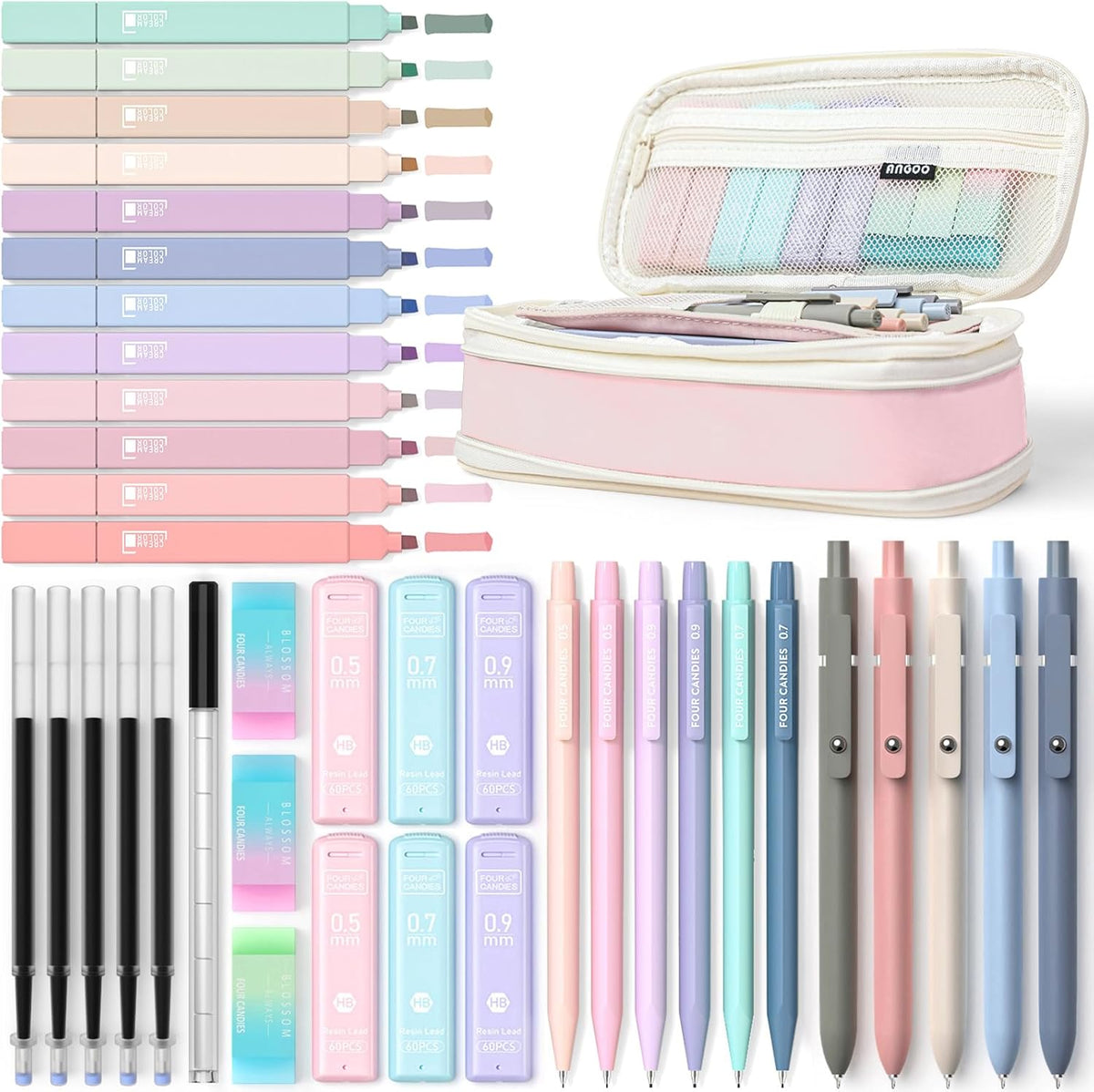 Four Candies 39 PCS Aesthetic School Supplies with Cute Pen Case, 12 Pastel Highlighters, 5 Black Ink Gel Pens, 6 Mechanical Pencils Set 0.5 & 0.7 mm for Students Stationary College Essentials (Pink)