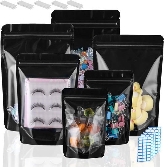 200 Mylar Bags for Food Storage 5X8 Mylar Bags with Window Candy Packaging Resealable Bags Black Stand Up Pouches Edible Packaging for Small Business